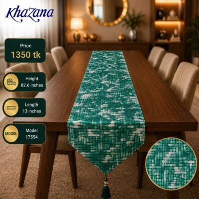 Brick Mosaic Textured Jacquard Table Runner Emerald Green and Silver White