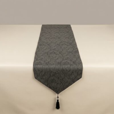 Luxury Modern Textured Feather Jacquard Table Runner Slate Charcoal and Silver Grey Modern Textured Feather Jacquard Table Runner