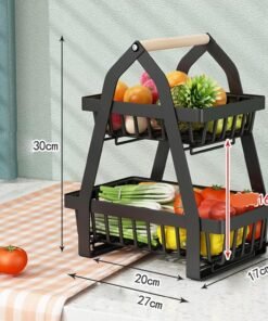 2 Tier Large Metal Wire Storage Organizer Stand with Wood Handle