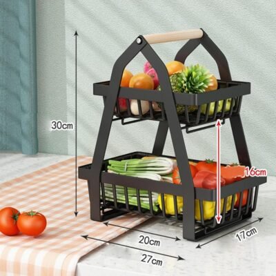 2 Tier Large Metal Wire Storage Organizer Stand with Wood Handle
