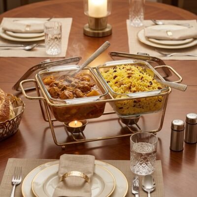 2Bowl Glass Buffet Food Warmer and Chafing Dish Set