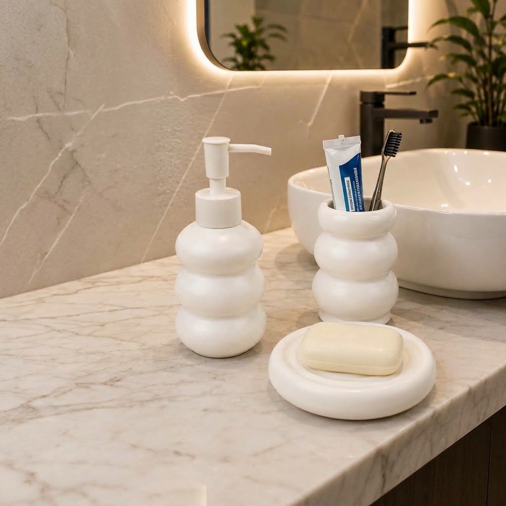 Ceramic Bubble Cloud 3Piece Bathroom Accessories Set with Soap Dispenser Ceramic Bubble Cloud 3Piece Bathroom Accessories Set with Soap Dispenser