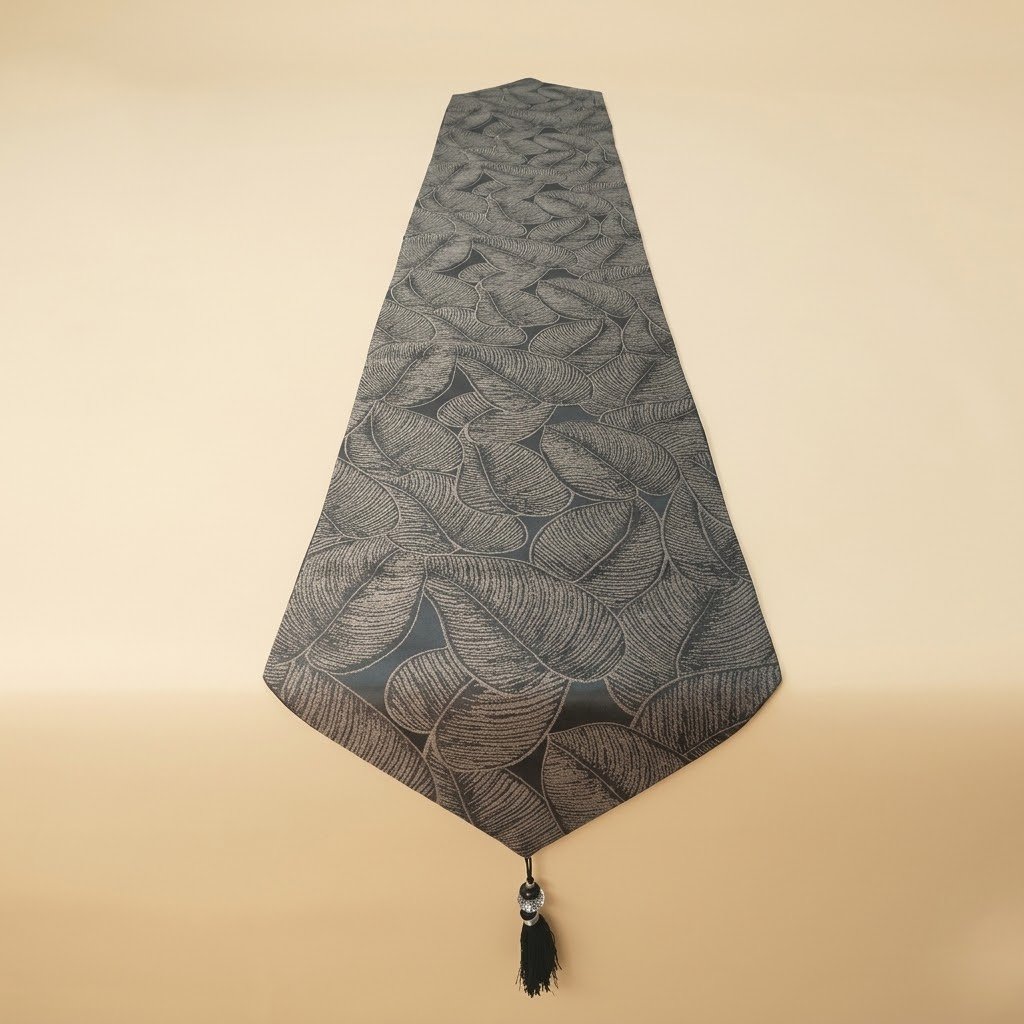 Luxury Botanical Leaf Jacquard Table Runner Charcoal Black and Antique Bronze Luxury Botanical Leaf Jacquard Table Runner Charcoal Black and Antique Bronze