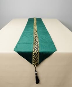 Velvet Table Runner with Gold Greek Key Geometric Border Emerald Green