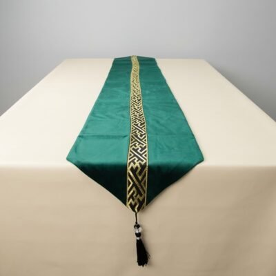 Velvet Table Runner with Gold Greek Key Geometric Border Emerald Green