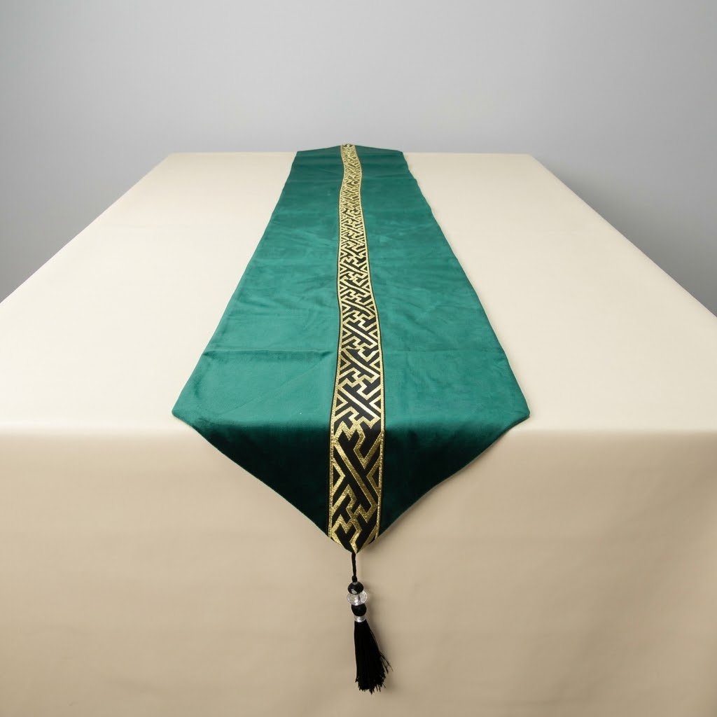 Velvet Table Runner with Gold Greek Key Geometric Border Emerald Green Velvet Table Runner with Gold Greek Key Geometric Border Emerald Green