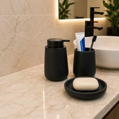 Minimalist Nordic Matte Ceramic 3Piece Bathroom Accessories Set with Integrated Soap Dispenser Minimalist Nordic Matte Ceramic 3Piece Bathroom Accessories Set