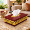 Wooden Tissue Box with Ornate Gold Metal Trim