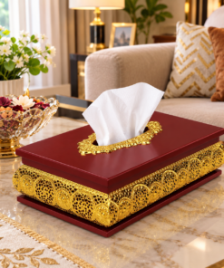 Wooden Tissue Box with Ornate Gold Metal Trim