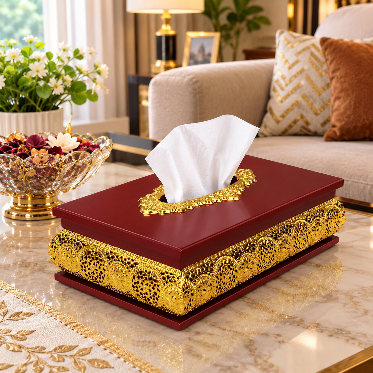 Wooden Tissue Box with Ornate Gold Metal Trim Wooden Tissue Box with Ornate Gold Metal Trim