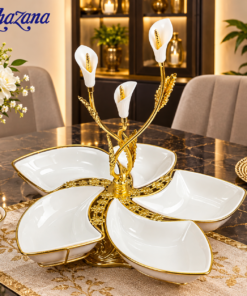 Luxury 5 Compartment Ceramic Serving Tray with Gold Calla Lily Centerpiece Dry Fruit and Snack Platter