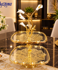 Luxury 2Tier Square Glass Dessert Stand with Golden Calla Lily Centerpiece Decorative Fruit and Pastry Platter