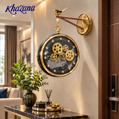 Modern Luxury Bird Perch Wall Clock Steampunk Moving Gear and World Map Hanging Clock