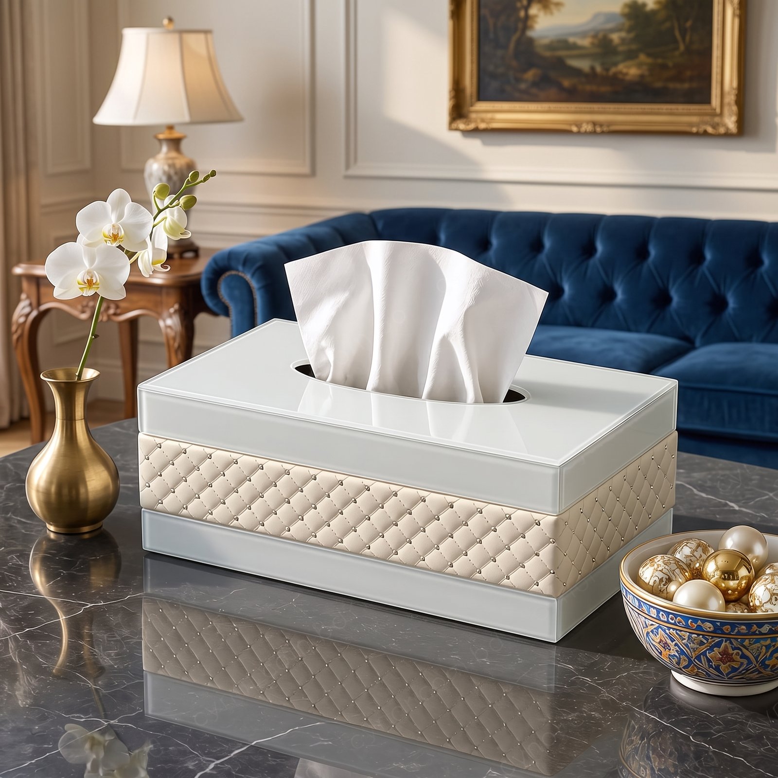 Luxury White Quilted Mirror Tissue Box Cover Luxury White Quilted Mirror Tissue Box Cover