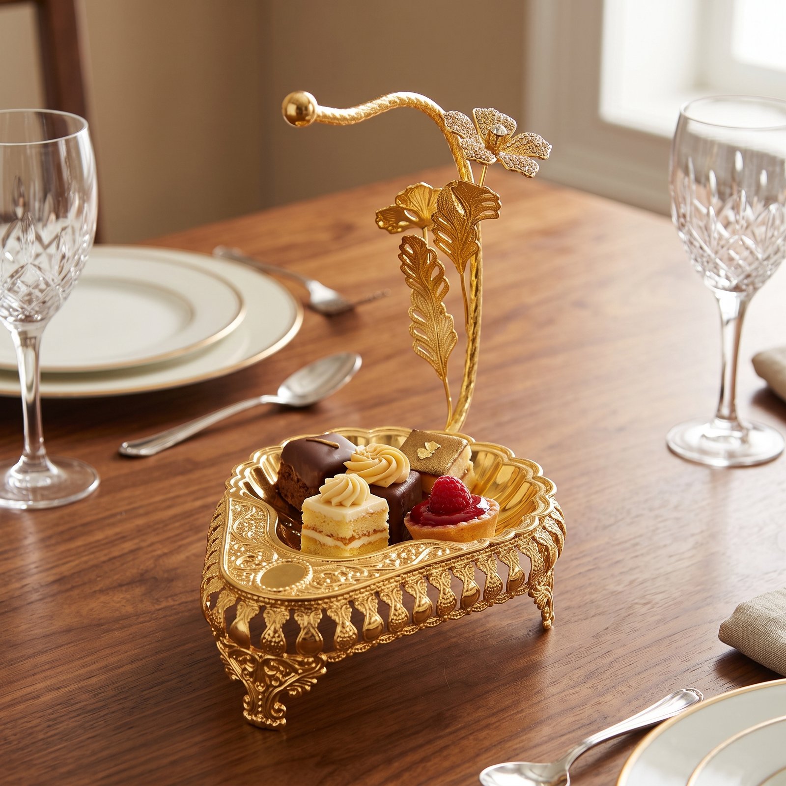 Royal Gold Metal Candy and Dry Fruit Bowl with Rhinestone Floral Stem Royal Gold Metal Candy and Dry Fruit Bowl with Rhinestone Floral Stem