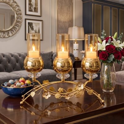 Luxury 3 Arm Gold Floral and Crystal Arch Candelabra