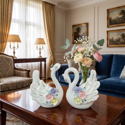 Bone China Ceramic Swan Showpiece Set