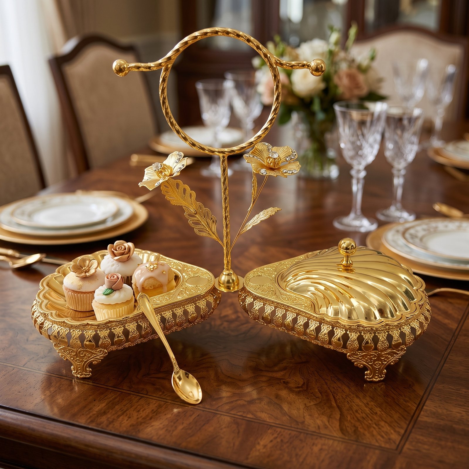 Luxury Golden Seashell Dual Serving Bowls with Center Handle and Lids Luxury Golden Seashell Dual Serving Bowls with Center Handle and Lids