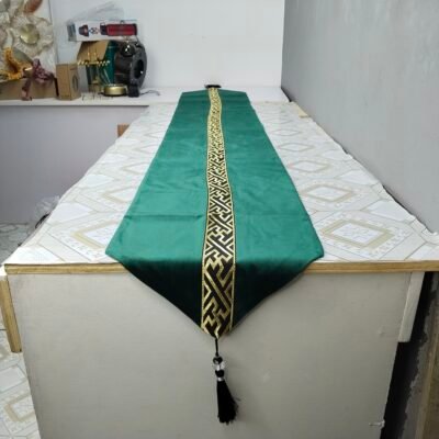 Luxury Velvet Table Runner with Gold Greek Key Geometric Border Emerald Green Velvet Table Runner with Gold Greek Key Geometric Border Emerald Green