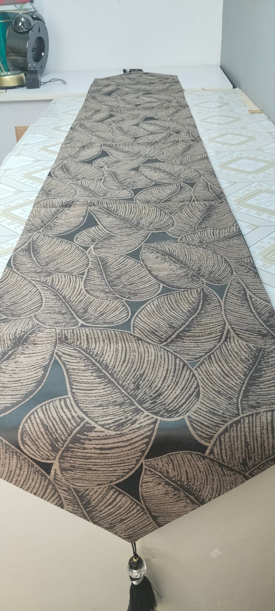 Luxury Botanical Leaf Jacquard Table Runner Charcoal Black and Antique Bronze Luxury Botanical Leaf Jacquard Table Runner Charcoal Black and Antique Bronze