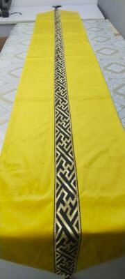 Luxury Velvet Table Runner with Gold Greek Key Geometric Border Mustard Yellow Table Runner with Gold Greek Key Geometric Border Mustard Yellow