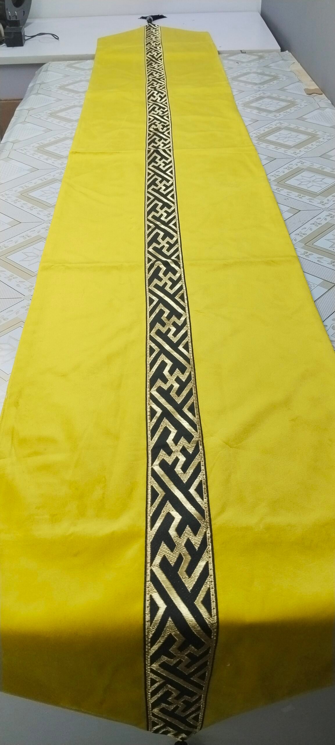 Table Runner with Gold Greek Key Geometric Border Mustard Yellow Table Runner with Gold Greek Key Geometric Border Mustard Yellow