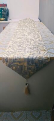Luxury Brick Mosaic Jacquard Table Runner Slate Grey and Muted Gold