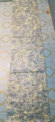 Luxury Brick Mosaic Jacquard Table Runner Slate Grey and Muted Gold