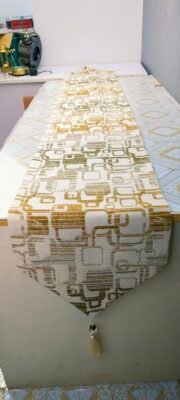 Luxury Modern Geometric Jacquard Table Runner with Crystal Bead Tassel Mustard Gold and Cream Modern Geometric Jacquard Table Runner