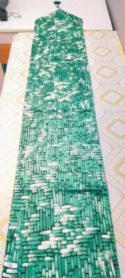 Brick Mosaic Textured Jacquard Table Runner Emerald Green and Silver White