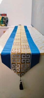 Greek Key Geometric Border Jacquard Table Runner Royal Blue and Gold