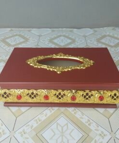 Wooden Tissue Box with Gold Filigree & Red Gem Accents