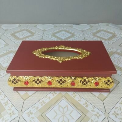 Wooden Tissue Box with Gold Filigree & Red Gem Accents