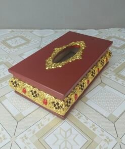 Wooden Tissue Box with Gold Filigree & Red Gem Accents