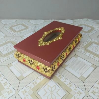 Wooden Tissue Box with Gold Filigree & Red Gem Accents