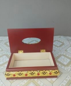 Wooden Tissue Box with Gold Filigree & Red Gem Accents