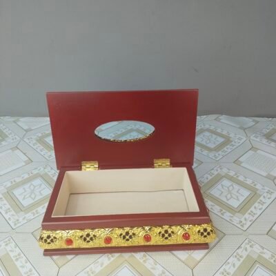 Wooden Tissue Box with Gold Filigree & Red Gem Accents