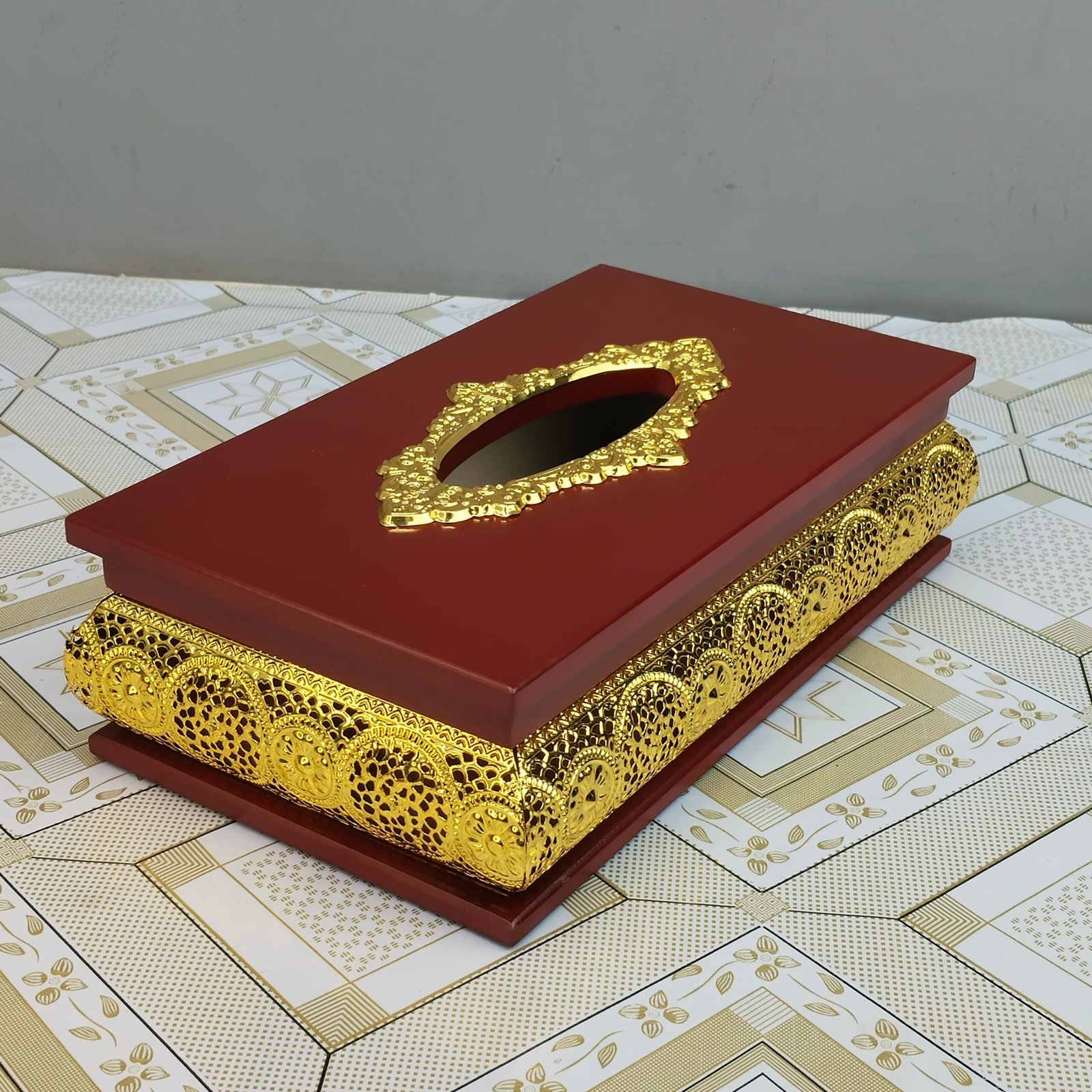 Wooden Tissue Box with Ornate Gold Metal Trim Wooden Tissue Box with Ornate Gold Metal Trim