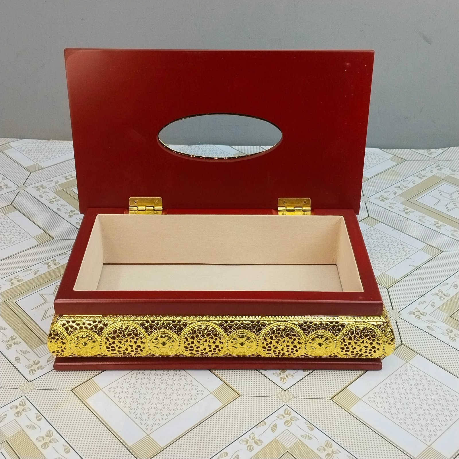 Wooden Tissue Box with Ornate Gold Metal Trim Wooden Tissue Box with Ornate Gold Metal Trim