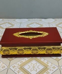 Wooden Tissue Box with Ornate Gold Metal Trim Wooden Tissue Box with Ornate Gold Metal Trim
