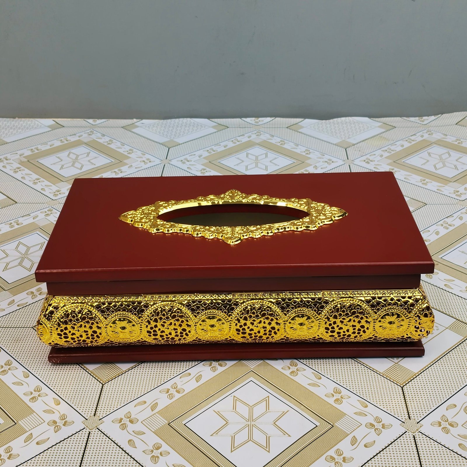 Wooden Tissue Box with Ornate Gold Metal Trim Wooden Tissue Box with Ornate Gold Metal Trim