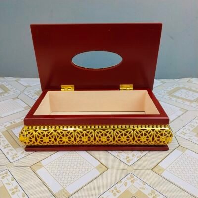 Premium Wooden Tissue Box with Floral Star Gold Lattice Trim