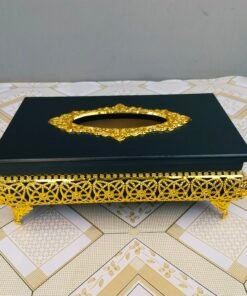 Premium Black Wooden Tissue Box with Elevated Gold Lattice Base Premium Black Wooden Tissue Box with Elevated Gold Lattice Base