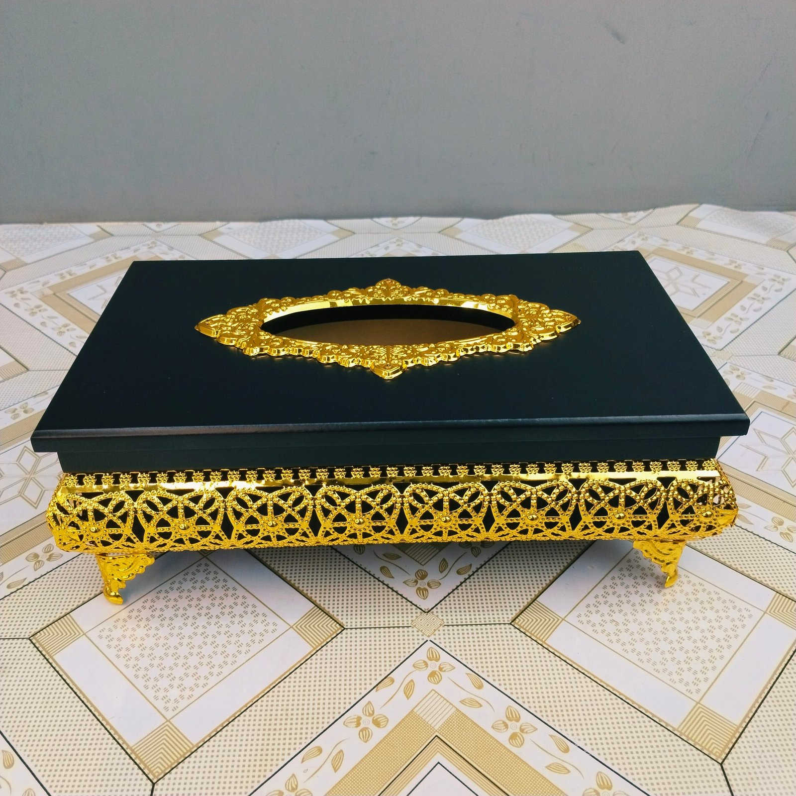 Premium Black Wooden Tissue Box with Elevated Gold Lattice Base Premium Black Wooden Tissue Box with Elevated Gold Lattice Base