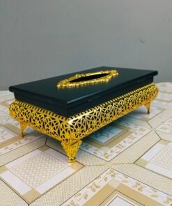Premium Black Wooden Tissue Box with Elevated Gold Lattice Base Premium Black Wooden Tissue Box with Elevated Gold Lattice Base