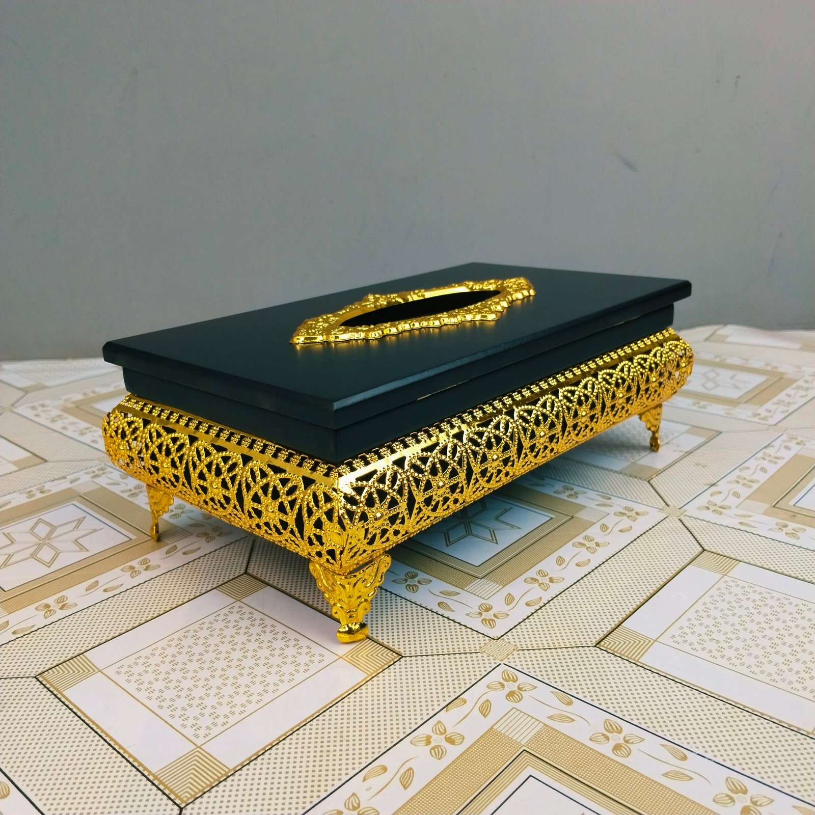 Premium Black Wooden Tissue Box with Elevated Gold Lattice Base Premium Black Wooden Tissue Box with Elevated Gold Lattice Base