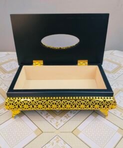 Premium Black Wooden Tissue Box with Elevated Gold Lattice Base Premium Black Wooden Tissue Box with Elevated Gold Lattice Base