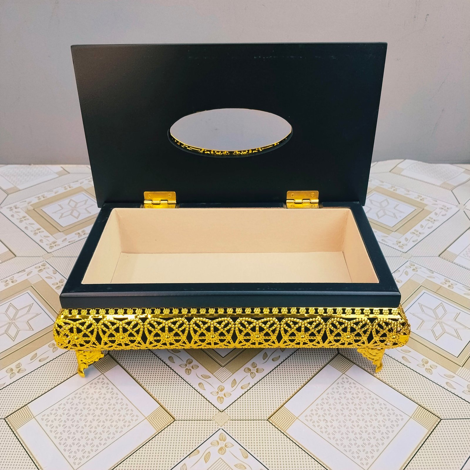 Premium Black Wooden Tissue Box with Elevated Gold Lattice Base Premium Black Wooden Tissue Box with Elevated Gold Lattice Base