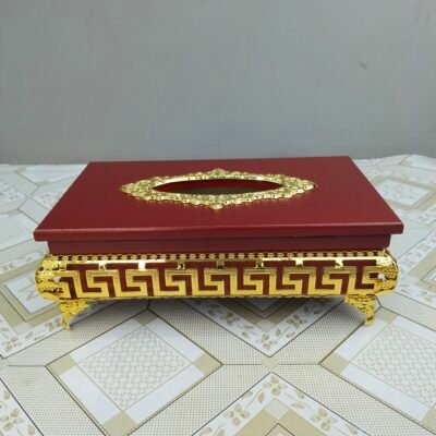 Wooden Tissue Box with Elevated Gold Greek Key Stand