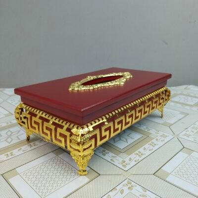 Wooden Tissue Box with Elevated Gold Greek Key Stand